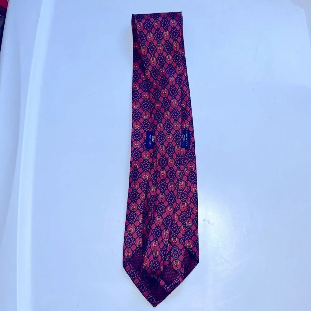 Vtg Setarium Firenze red, navy blue & gold rope & stirrup print Italian silk tie